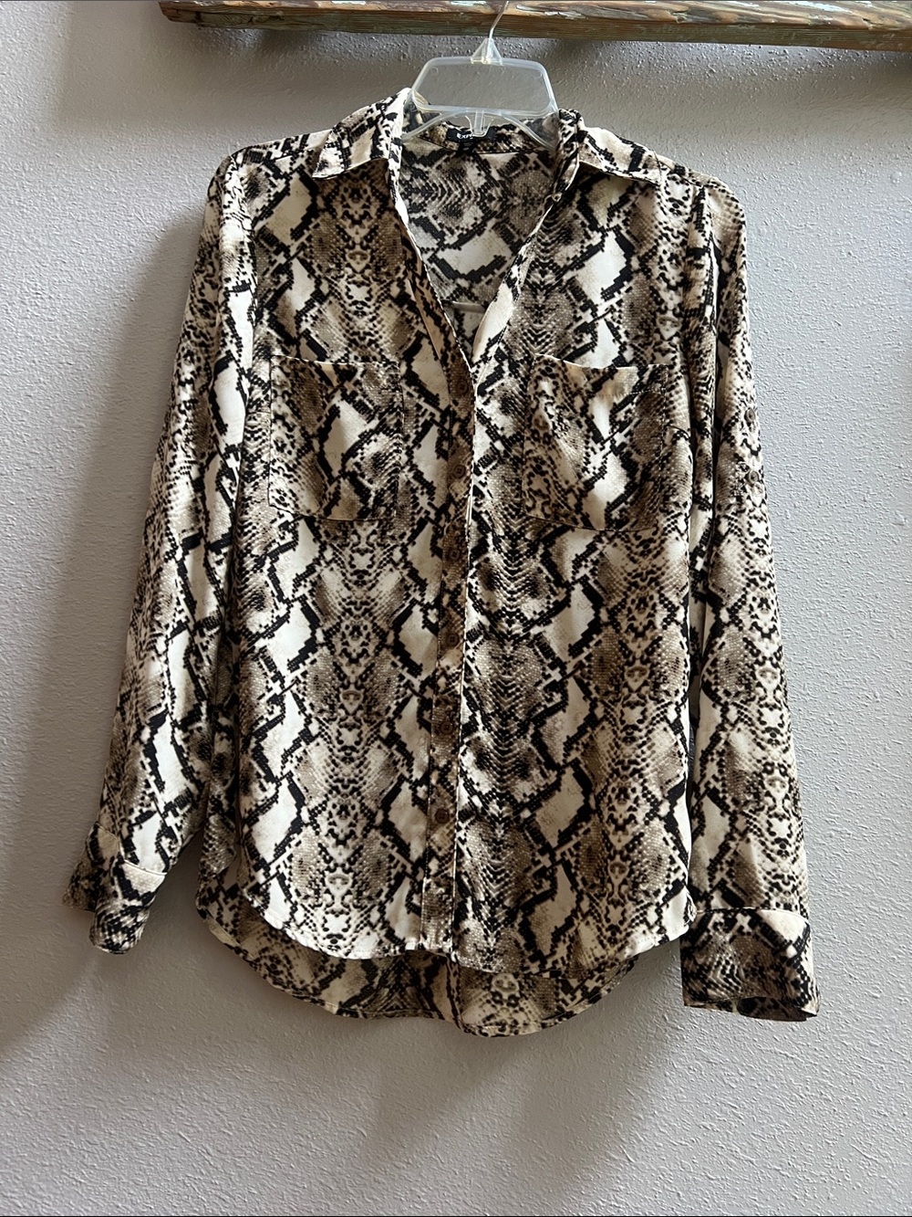 Express Snake-Print Button Down Shirt in Beige and Black
